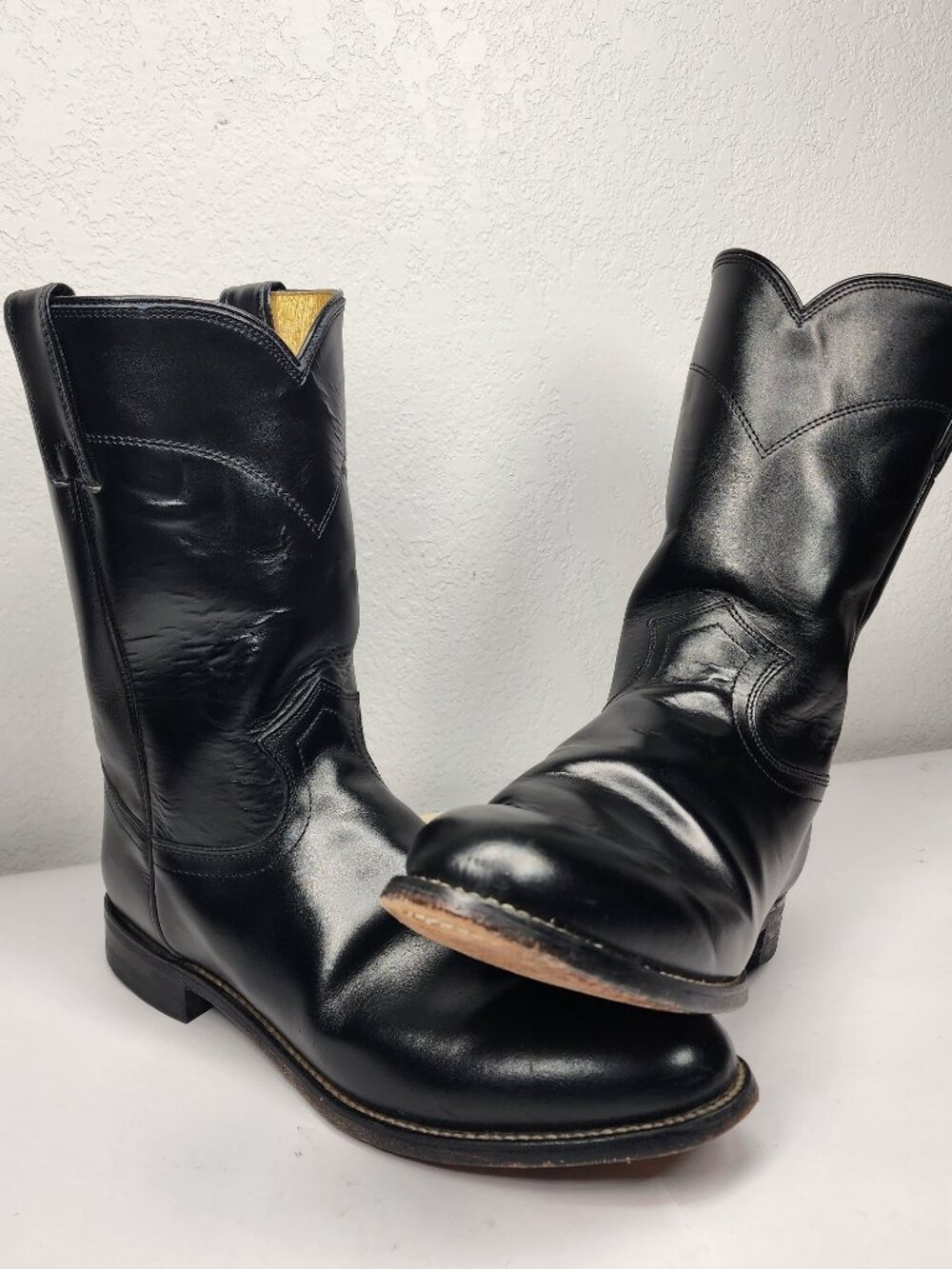 Justin 3133 Mens 9 D Black Leather Roper Cowboy Boots Standard Width Polished